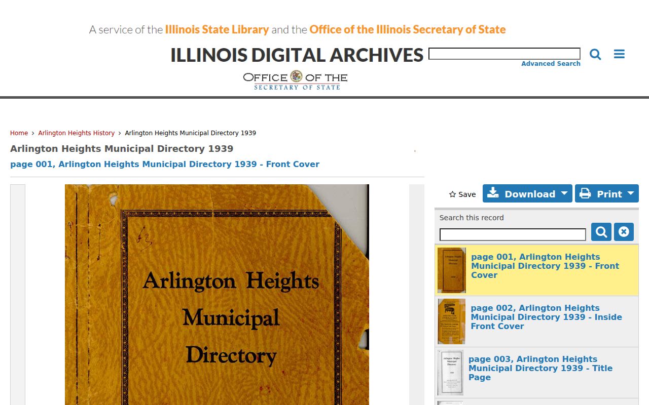Illinois Digital Archives landing page for the 1939 Arlington Heights Municipal Directory